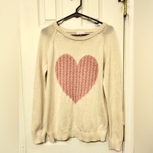 Pink Lily Light Cream Sweater with Cable Knit Pink Heart
